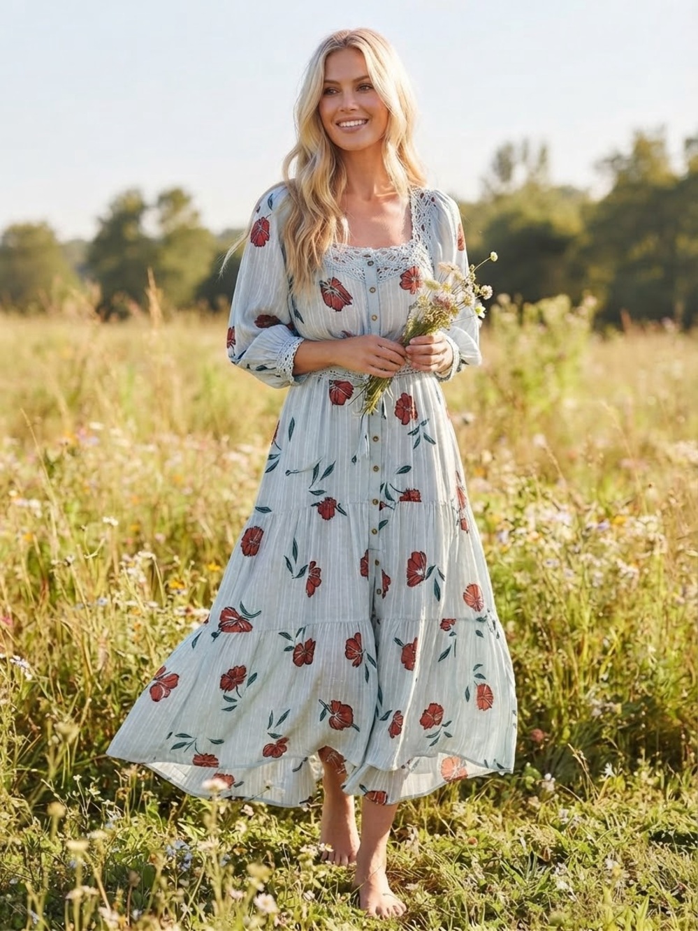 Free People Light Blue Maxi Dress with Red Floral Print